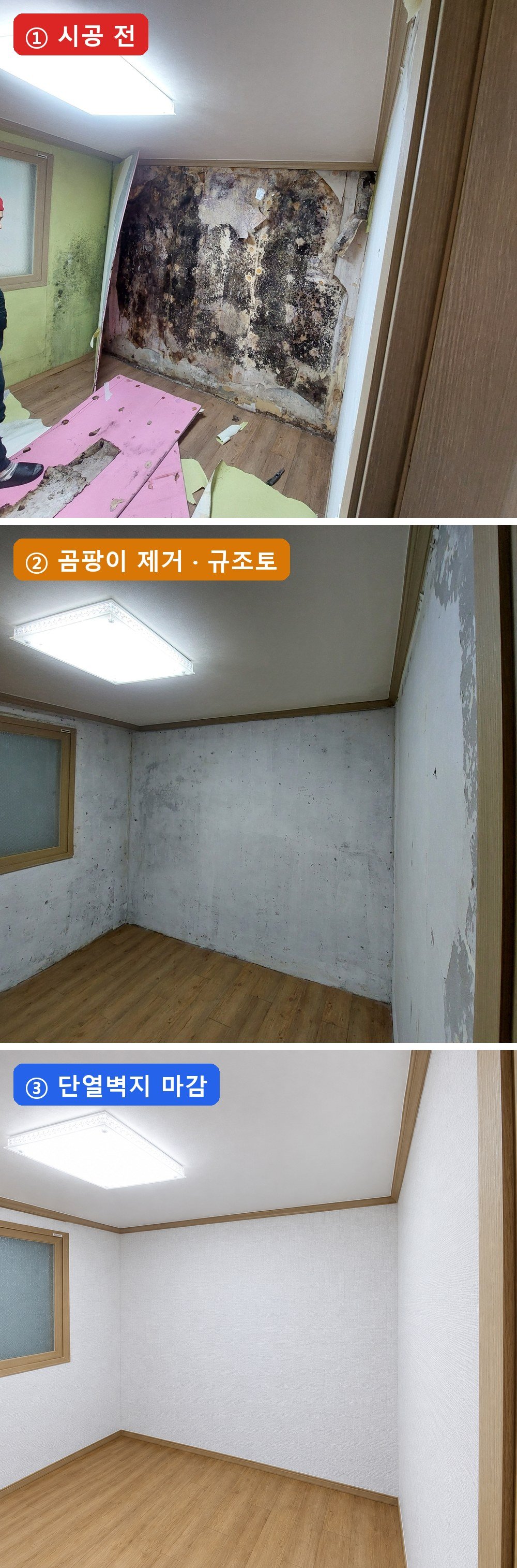 방 전체 — 시공 전 → 곰팡이 제거·규조토 → 단열벽지 마감